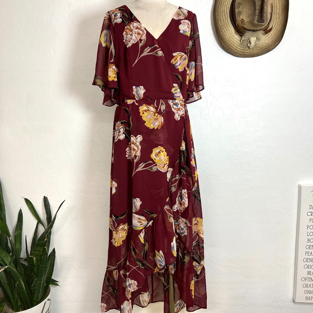 A New Day Burgundy Floral Flutter Sleeve Wrap Dress Size M NWT